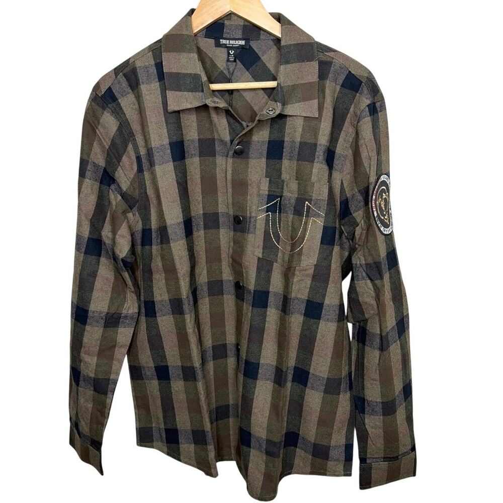 True Religion Mens Large Brushed Flannel Shirt Black Plaid Logo 700744 NWT